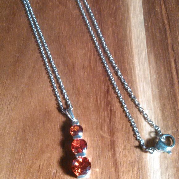 Simulated Red Diamond Sterling Silver Pendant Stainless Steel Necklace - Picture 7 of 10